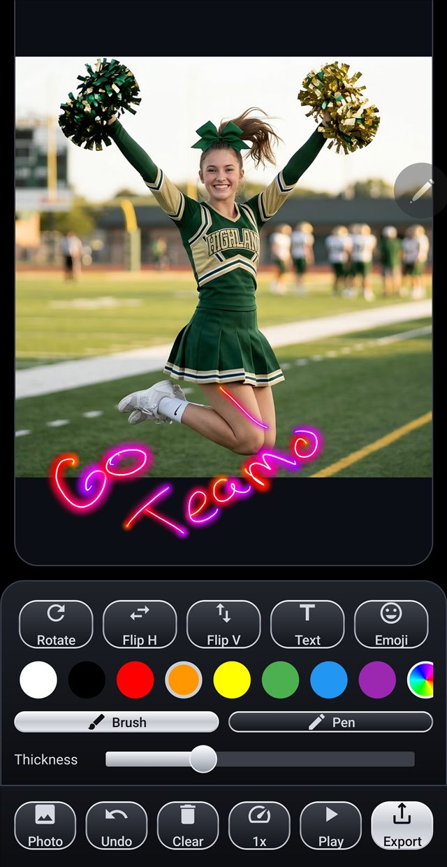 Strokara editor with a neon Go Team message drawn over a cheerleader photo