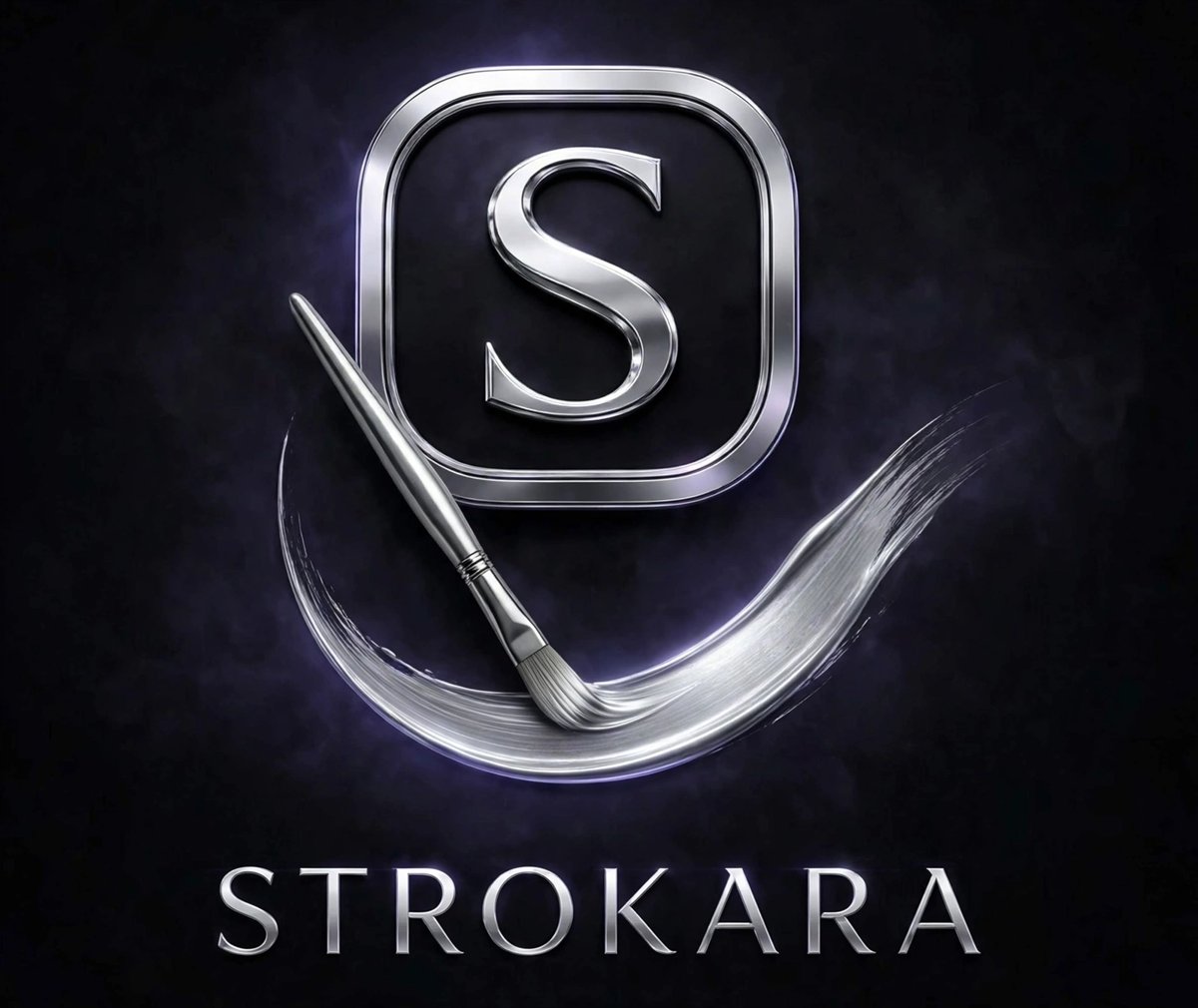 Strokara logo: a chrome S in a rounded square with a paintbrush and a silver brush stroke